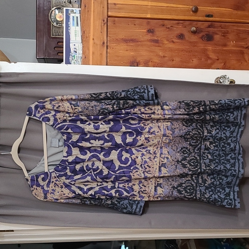 Rabbit Rabbit Rabbit‎ Womens Dress Blue Tan Pleated Neckline Lined Sz 16W EUC